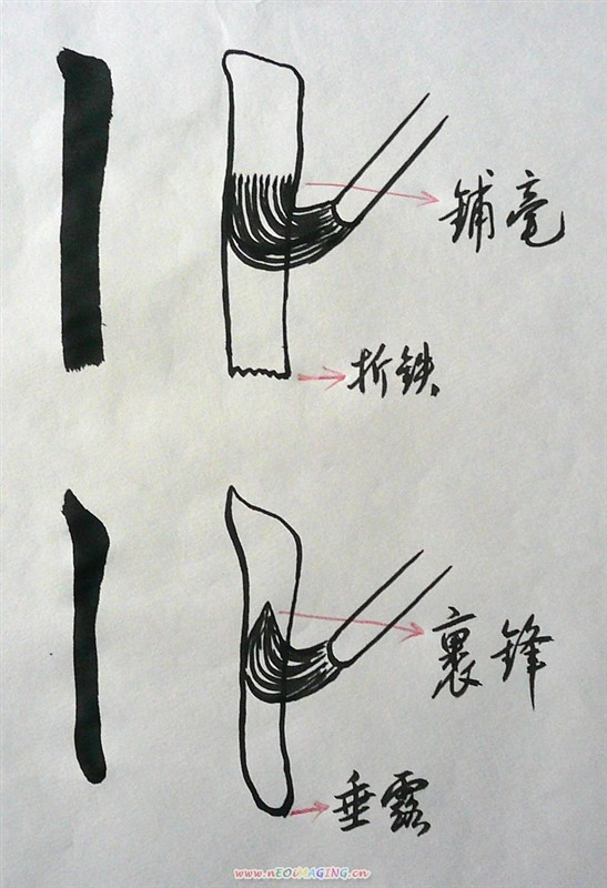 1横软,笔管右倾,笔毫向拖布一样顺托过去,只有下按的力量;2横薄,纯